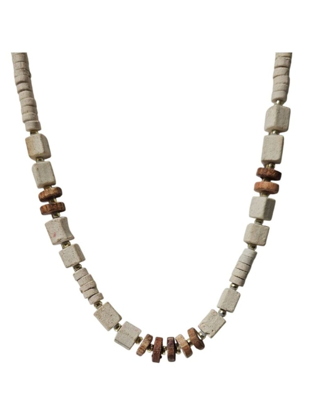 Natural Stone Beaded Necklace Wood Accents Rustic Minimalistic Fashion Jewelry